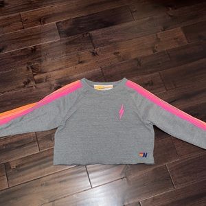 Aviator Nation cropped gray sweatshirt neon stripes!